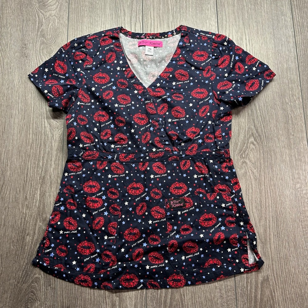 Betsey Johnson Womens XS Scrub Top Navy Blue Red Star Lips Mock Wrap V-Neck